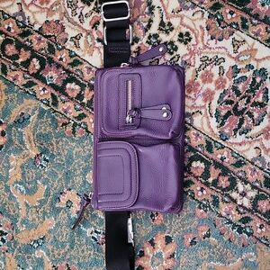 Danier Leather Crossbody Buckle Waist Bag in Purple with Black Canvas Strap
